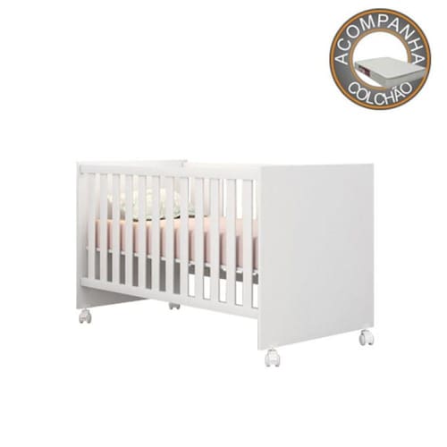 imagem-Berço 2 em 1 Americano Com Rodízios Linha Doce Sonho Com Colchão 130x70 cm Baby Light Qmovi Ortobom - BRANCO