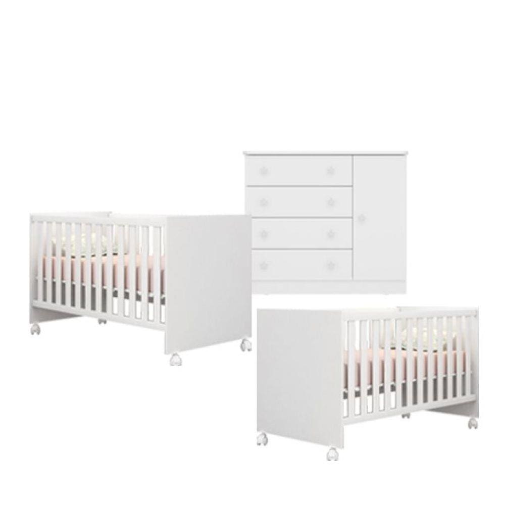 Kit Berço Gemeos 1344 Com Rodízios e Cômoda 2561 Linha Doce Sonho Qmovi