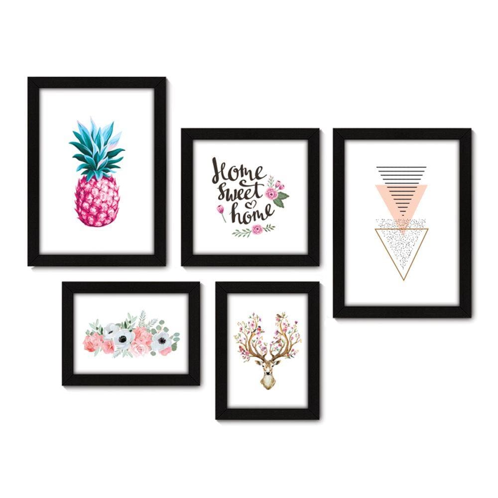 Kit Com 5 Quadros Decorativos - Abstrato Frase Flor Rosa - 015kq01p