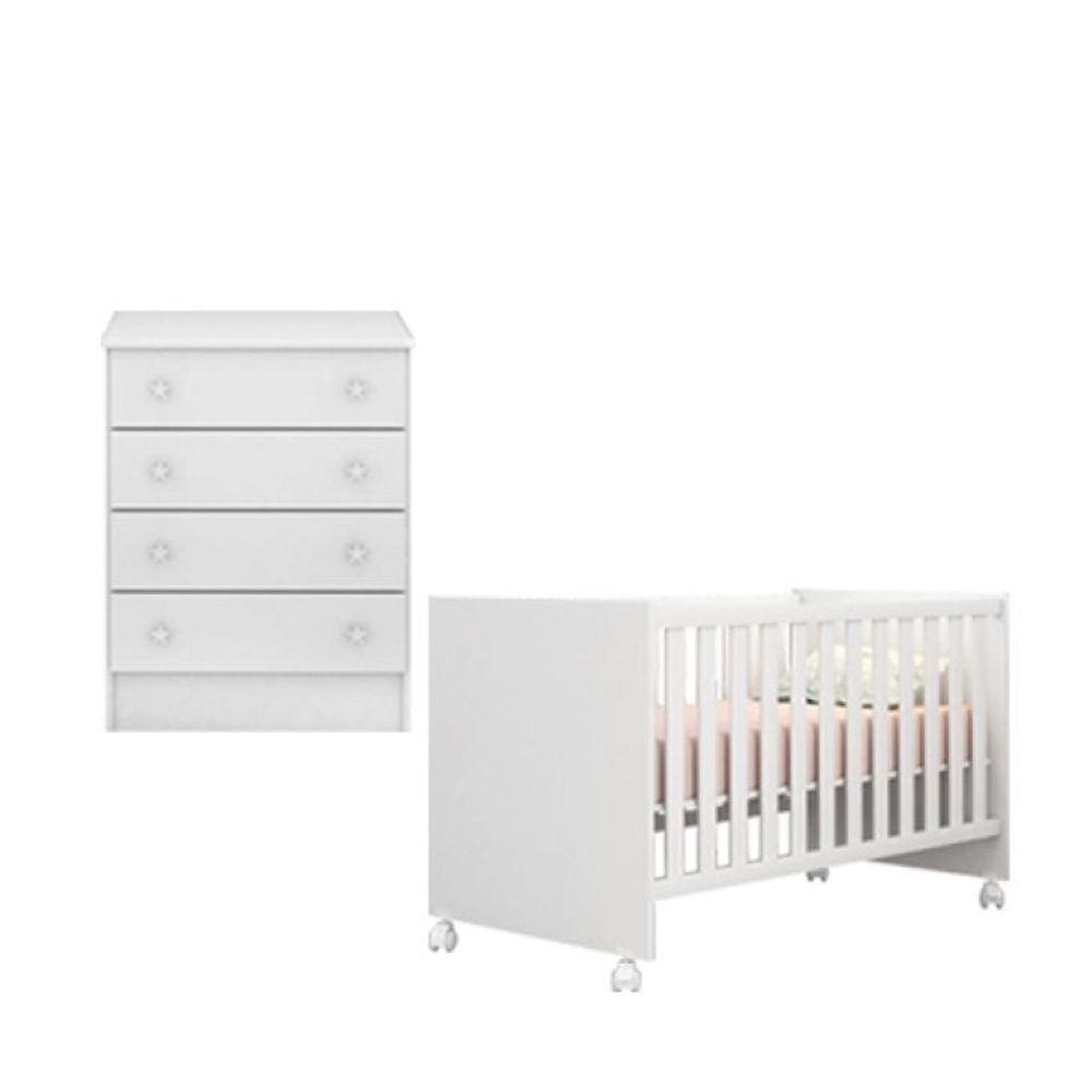 Kit Berço 1344 Com Rodízios e Cômoda 777 Linha Doce Sonho Qmovi