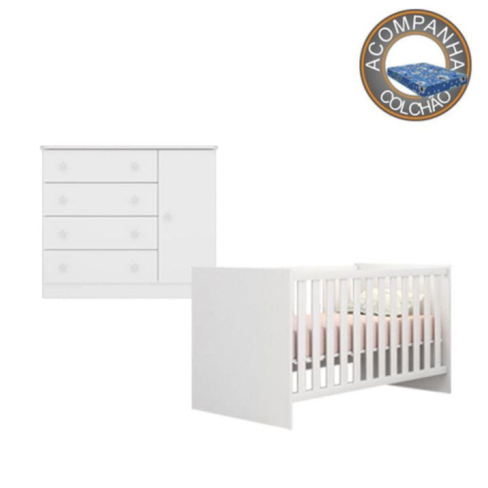 Kit Berço 1344 sem Rodízios Com Colchão Baby Physical e Cômoda 2561 Linha Doce Sonho Qmovi Ortobom