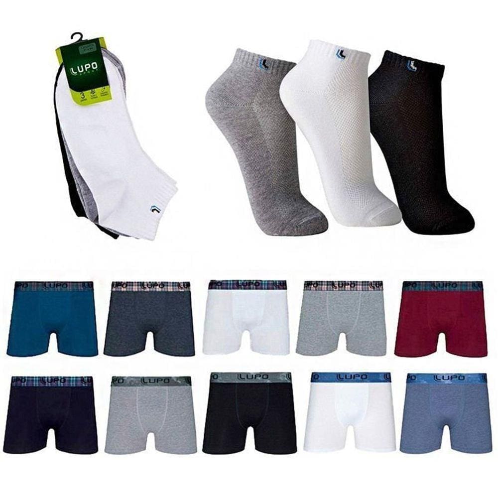 Kit 10 Cuecas Boxer Lupo Ref603 e 10 Pares de Meias Cano Curto Lupo