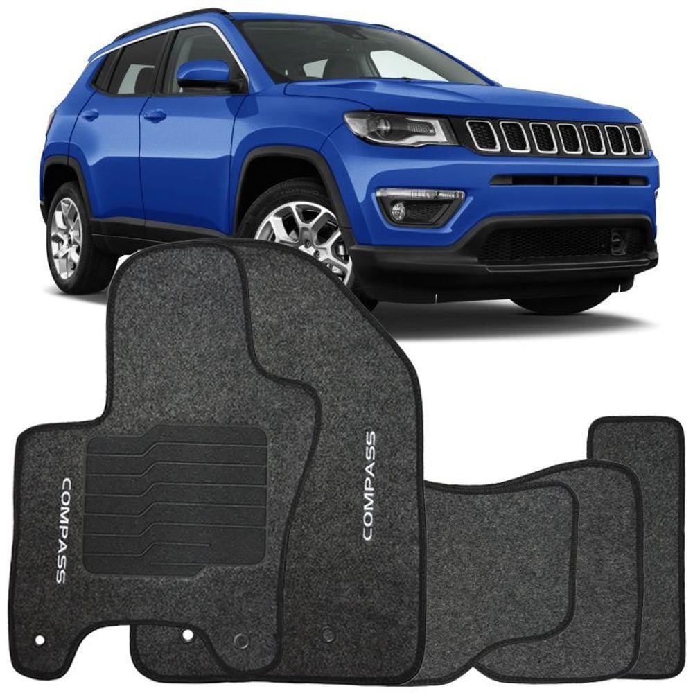 Jogo de Tapete Automotivo Carpete Jeep Compass 2016 à 2018 Soft Logo Bordado Grafite 5 Peças