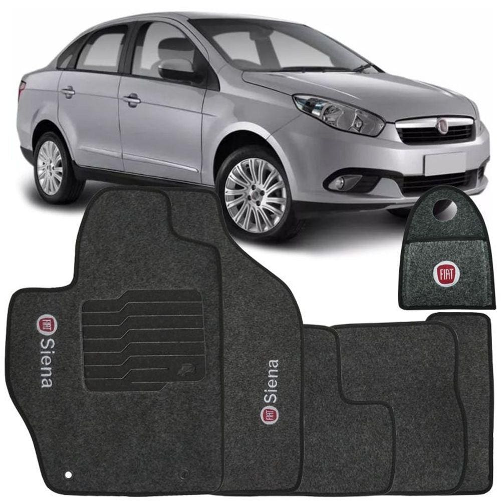 Jogo Tapete Automotivo Carpete + Lixeira Fiat Siena 2012 à 2017 Soft Logo Bordado Grafite 6 Peças