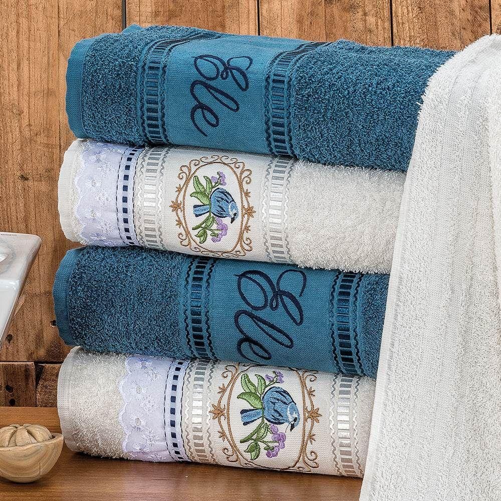 Jogo de Banho Bordado Ponto Russo Algodão 5 Peças