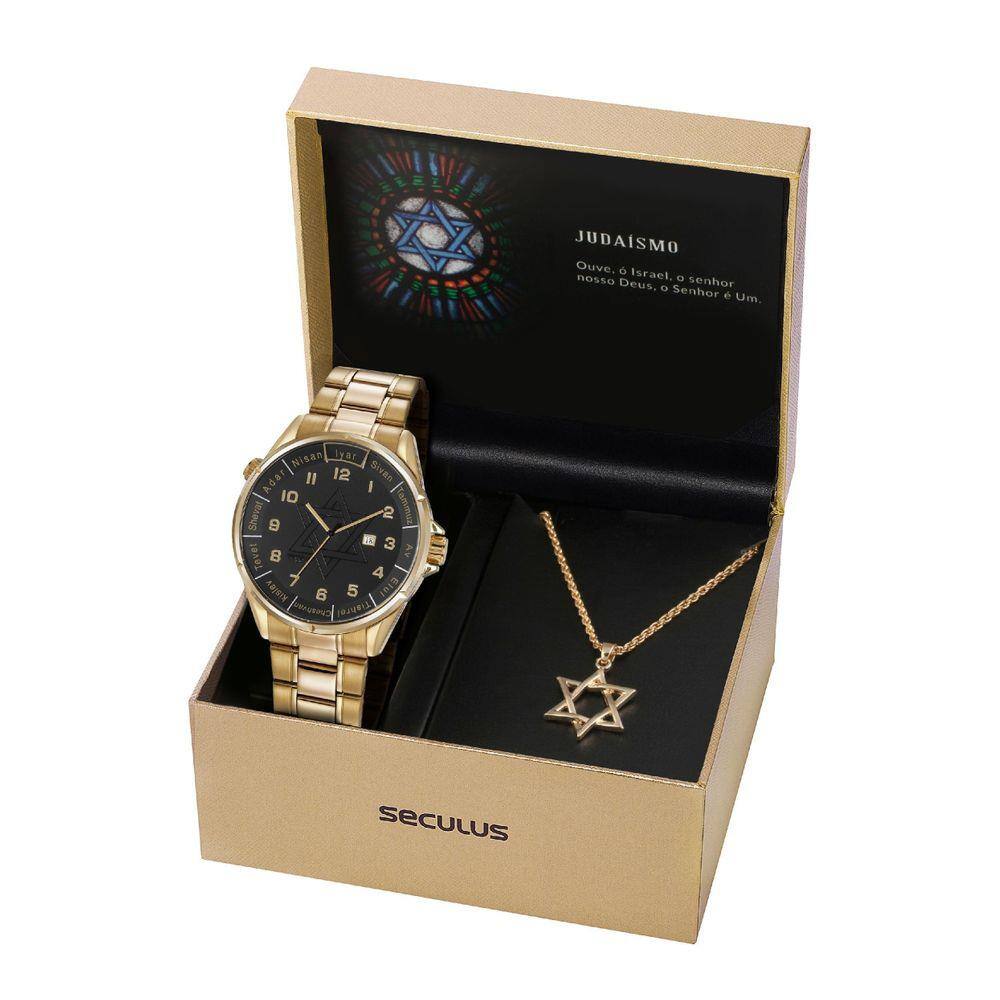 Relógio Seculus Judaísmo Masculino + Colar 23685Gpskda1K1 | Extra