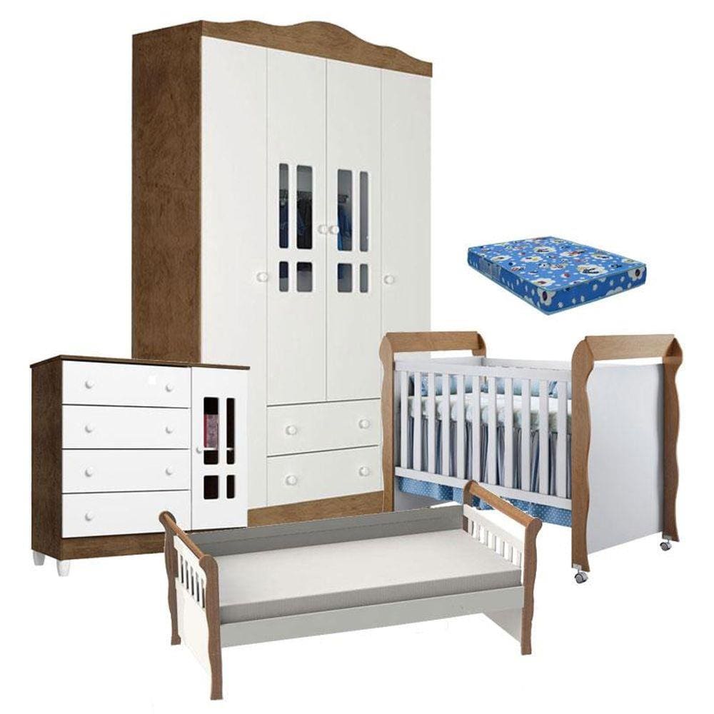 Quarto de Bebê Ariel 4 Portas Berço Mirelle com Colchão e Cama Babá Julia
