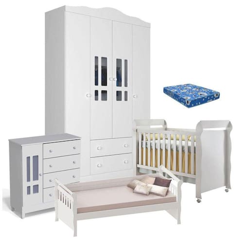 Quarto de Bebê Ariel 4 Portas Berço Mirelle com Colchão e Cama Babá Julia Menor preço em Quarto de Bebê Ariel 4 Portas Berço Mirelle com Colchão e Cama Babá Julia