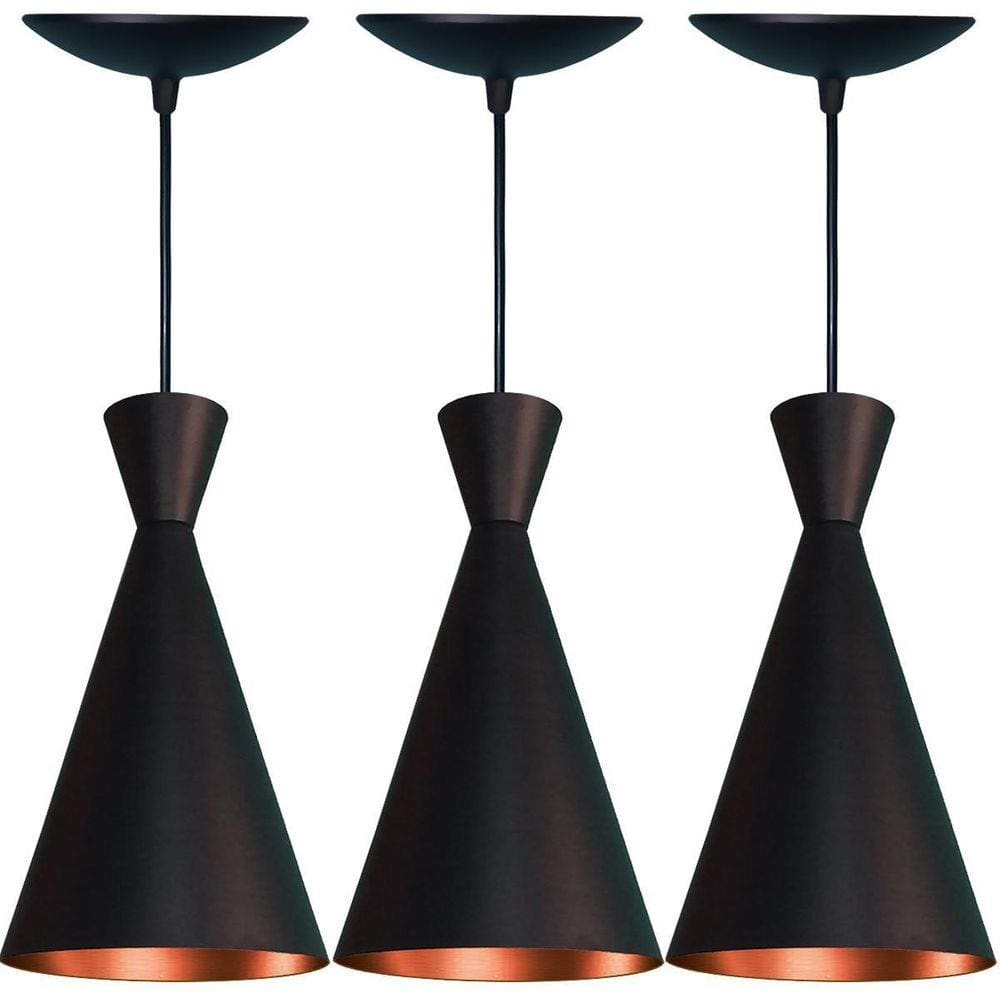 Kit 3 Pendentes Cone  Preto Fosco E Cobre