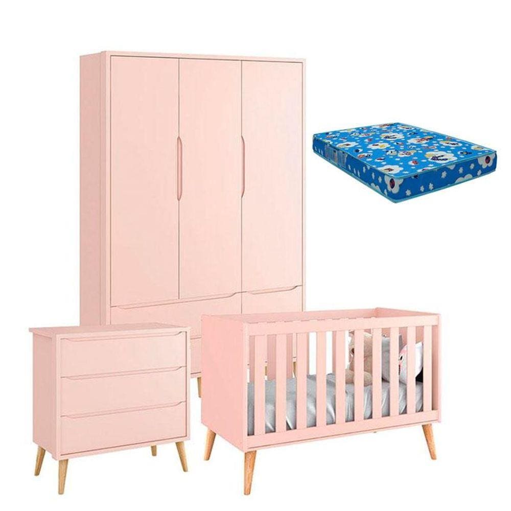 Quarto de Bebê Theo 3 Portas com Colchão e Cômoda Gaveteiro Pés Madeira Natural
