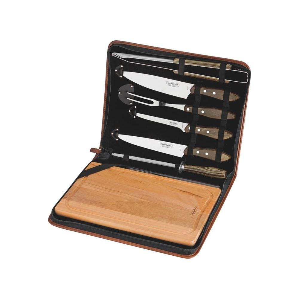 Kit Churrasco 8 Pcs Polywood Castanho Sortidos Com Laminas De Aco Inox E Cabos De Madeira Tramontina