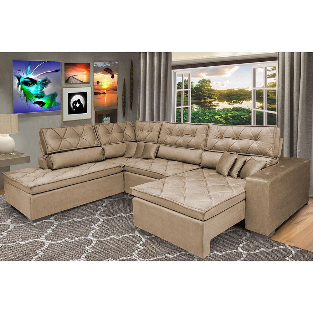 Sofa de Canto Retrátil e Reclinável com Molas  Platinum Esquerdo 3,40x2,36 Suede Castor