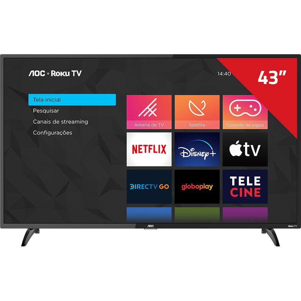 Smart TV AOC Roku LED 43'' 43S5195/78 com Wi-Fi Full HD 3 HDMI 1 USB com Controle Remoto com atalhos Roku Mobile Miracast