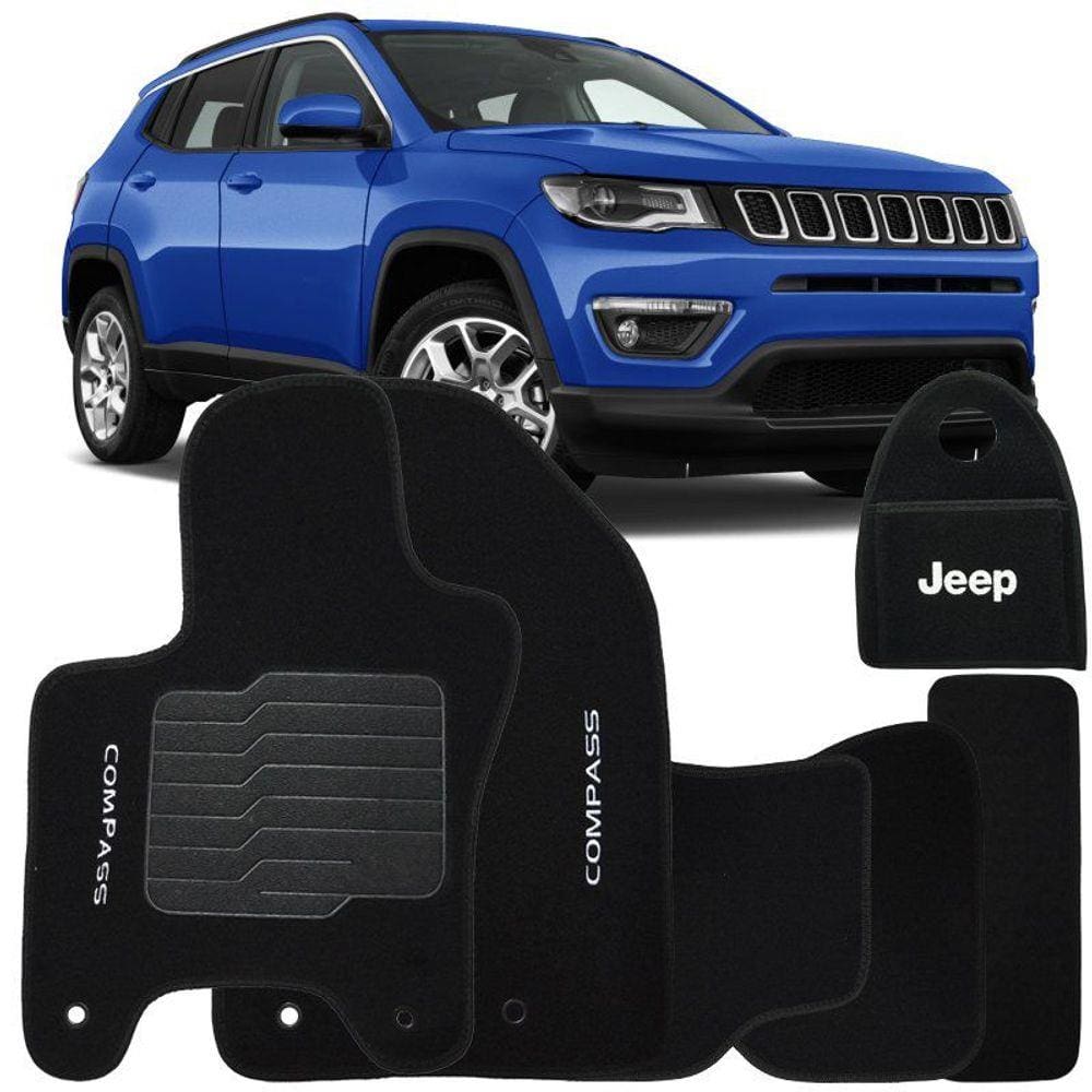 Jogo Tapete Automotivo Carpete + Lixeira Compass 2016 à 2020 Soft Logo Bordado