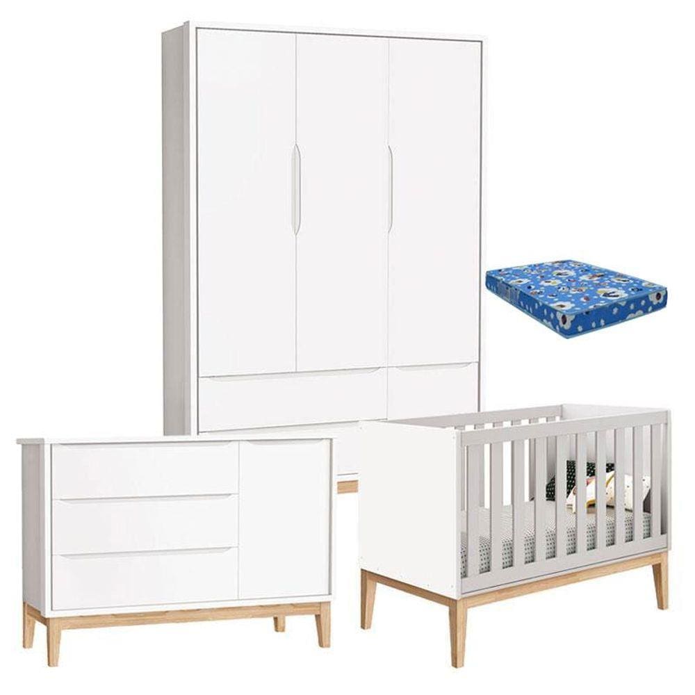 Quarto de Bebê Classic 3 Portas com Colchão Pés Madeira Natural - Reller