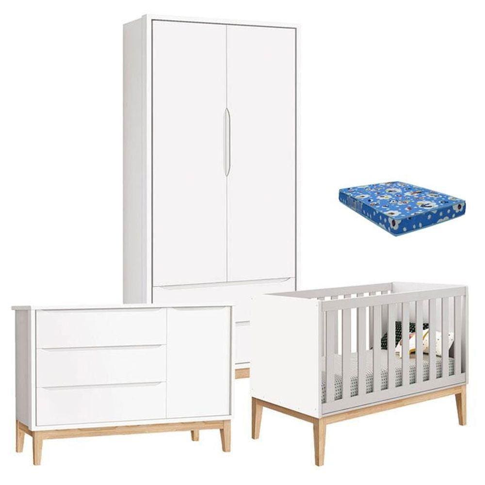 Quarto de Bebê Classic 2 Portas com Colchão Pés Madeira Natural - Reller