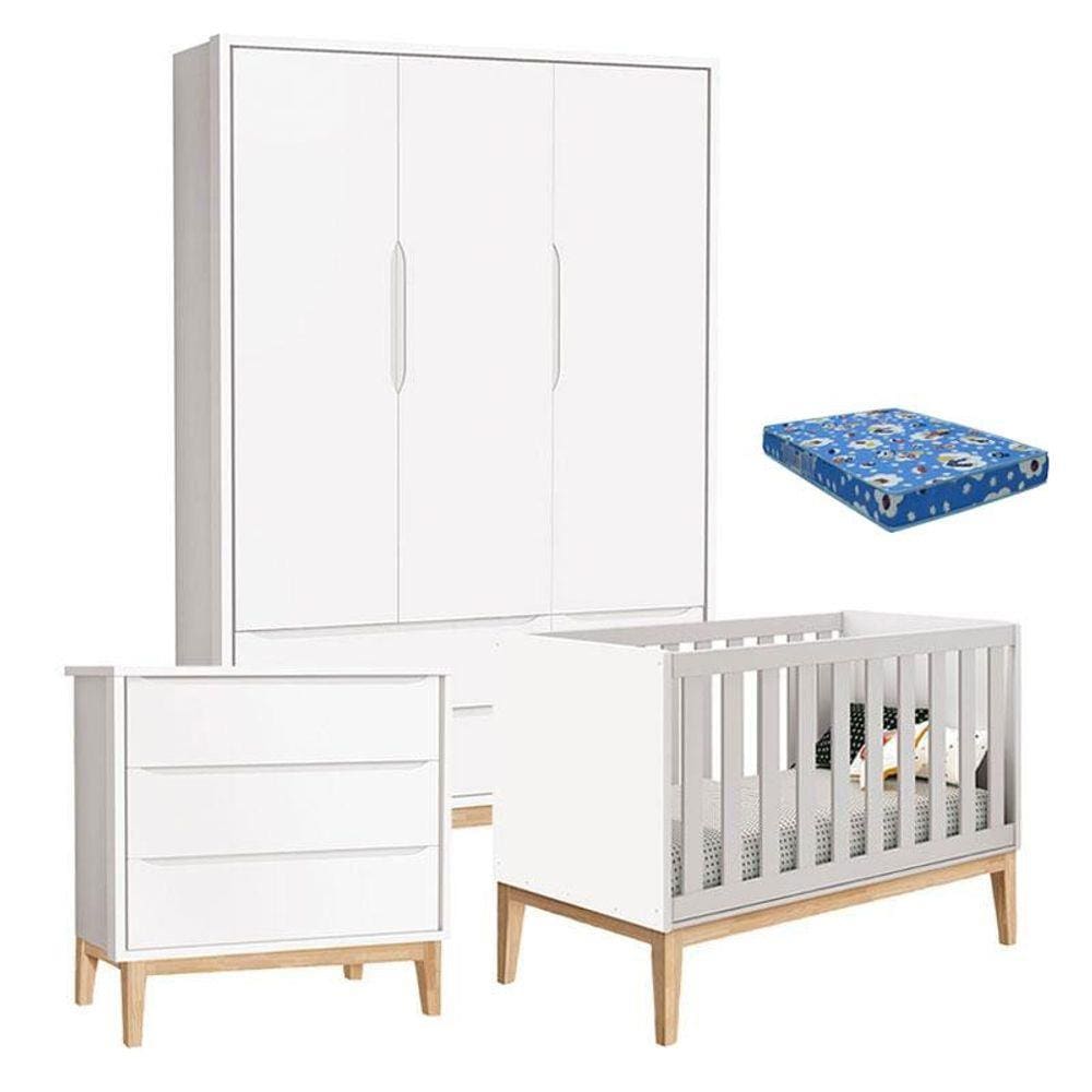 Quarto de Bebê Classic 3 Portas com Colchão e Cômoda Gaveteiro Pés Madeira Natural - Reller