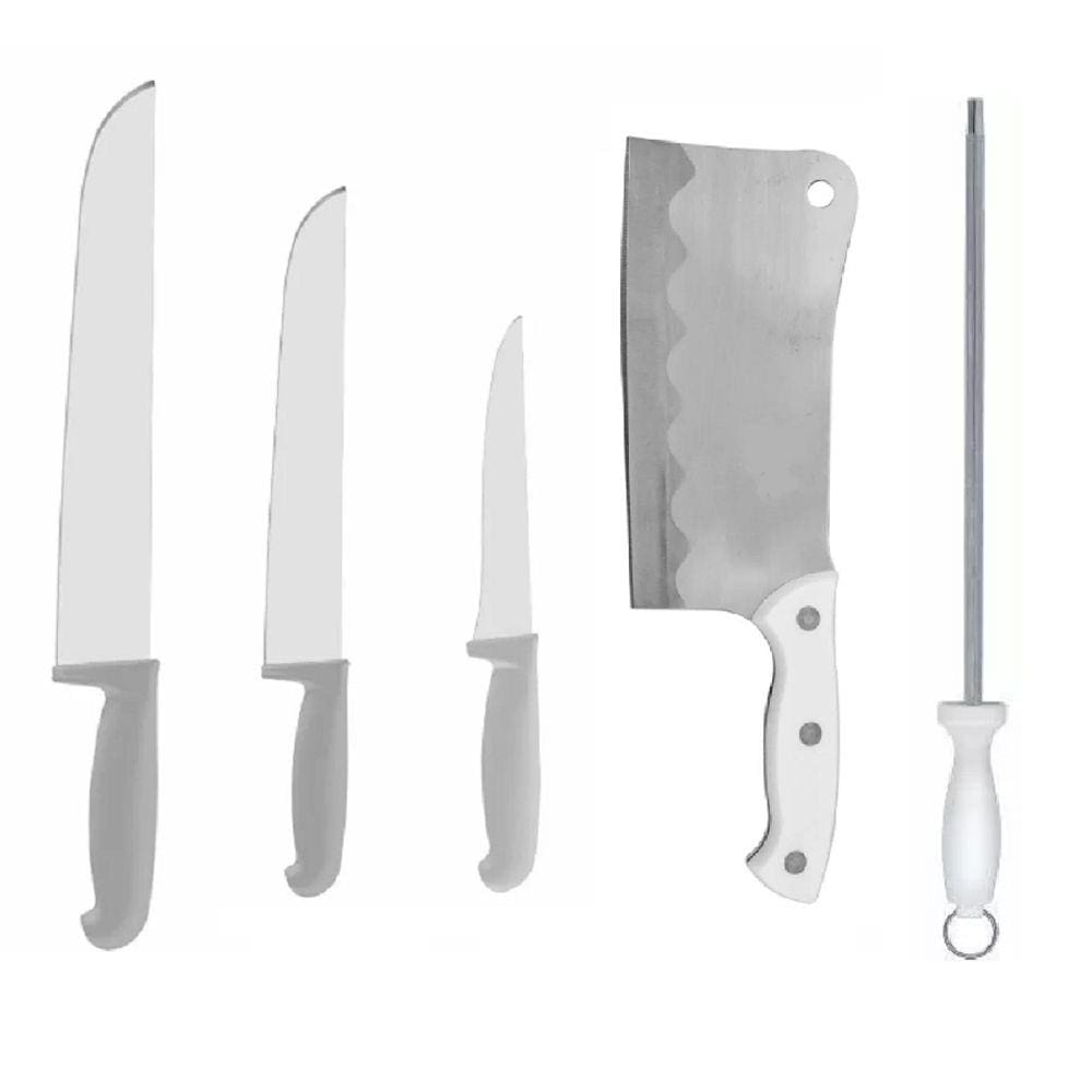 Kit Faca Açougue Churrasco Cozinha 6 8 12 Cutelo 7 e Chaira 12 Cabo Branco - 5UN
