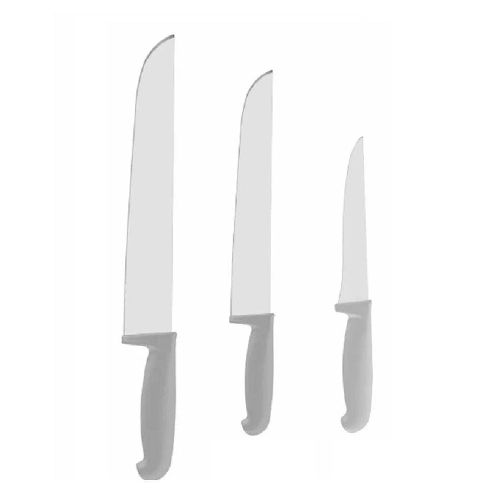 Kit Faca Açougueiro Churrasco Cozinha Carne Aço Inox 6 8 12 Cabo Branco com 3UN