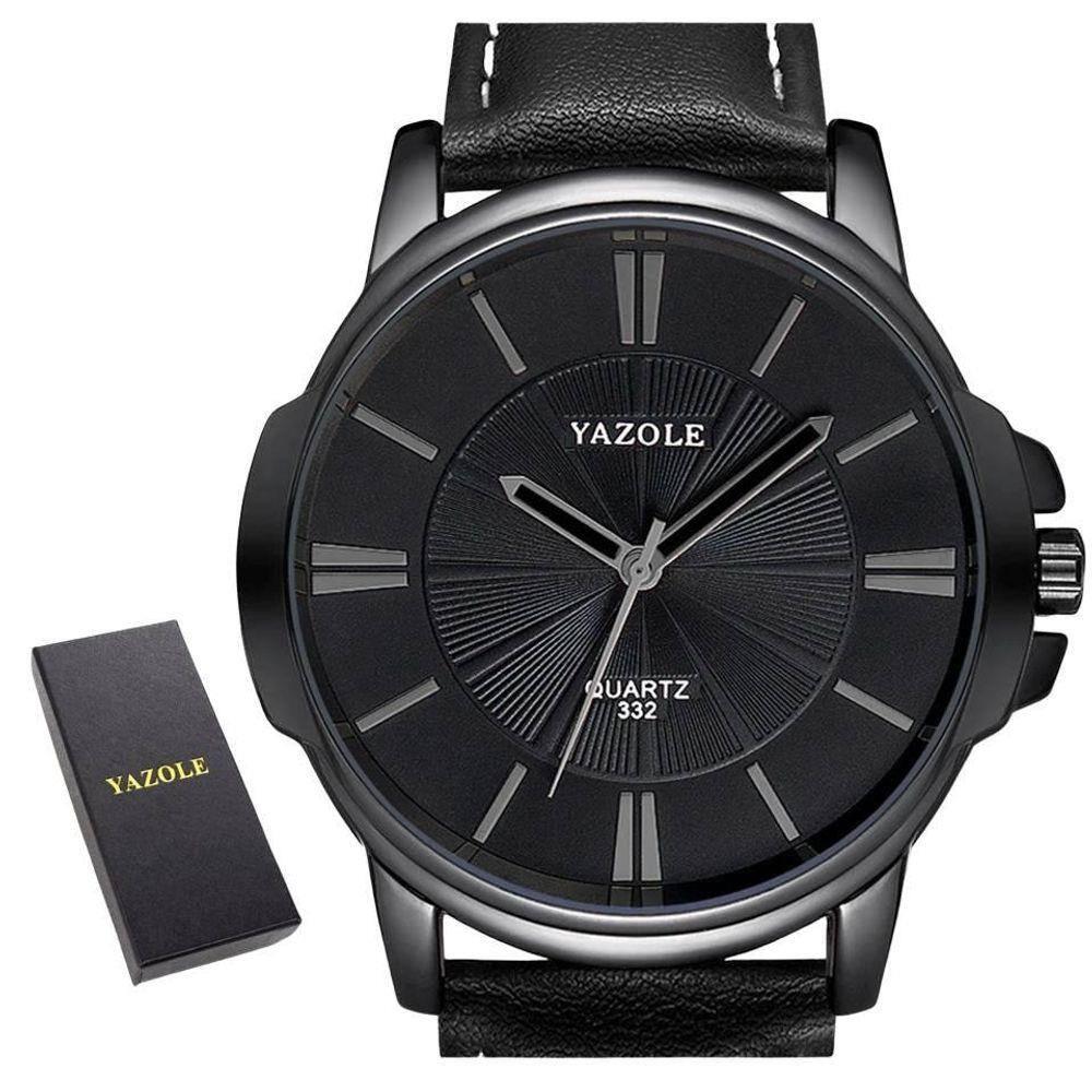 Relógio Masculino Preto Yazole 332 Couro + Estojo