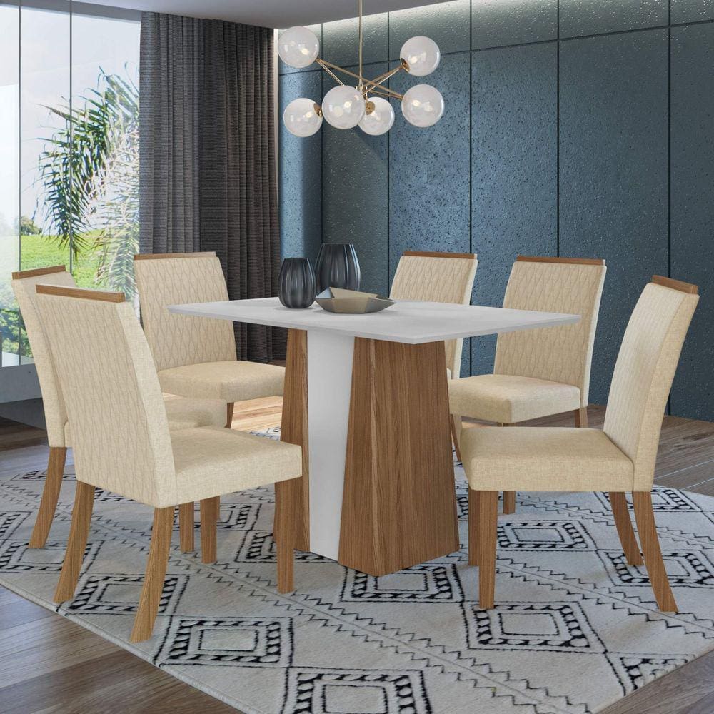 Conjunto Sala de Jantar 6 Cadeiras Carine Espresso Móveis Nature/Nature/Off White/Linho