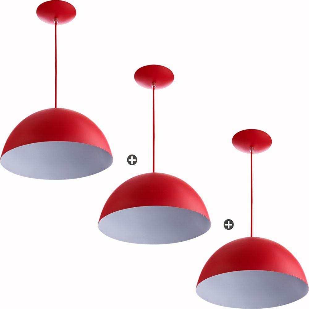 Kit 3 Lustres Pendente Meia Lua 30cm Alumínio Vermelho