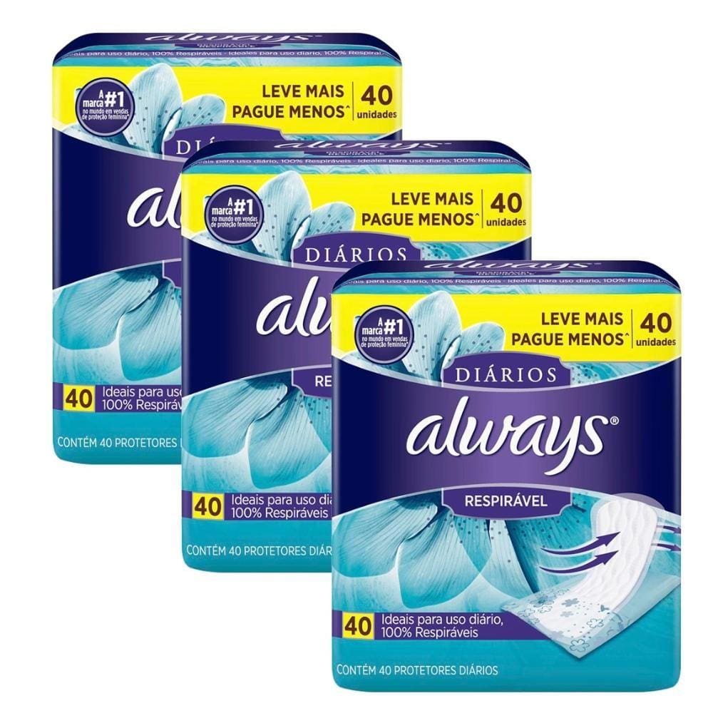 Kit com 3 Protetor Diário Always Respirável Leve Mais Pague Menos 40 Unidades