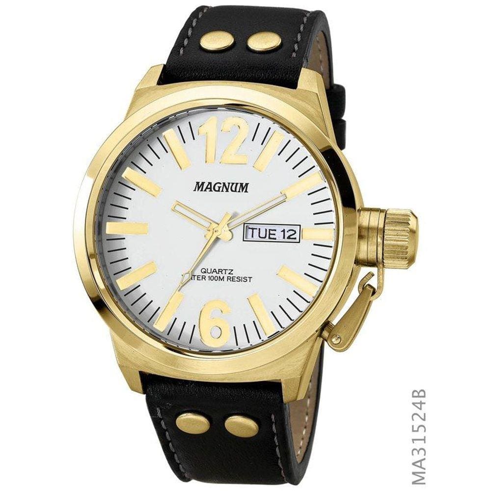Relógio Magnum Masculino Dourado E Branco Couro Ma31524b