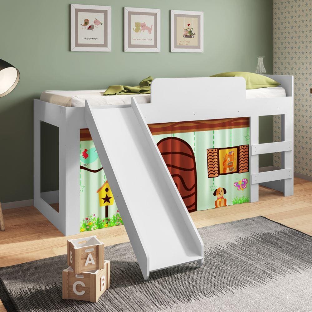 Cama Infantil Solteiro com Escorregador, escada e cortina Diversão CM090 Meu Fofinho