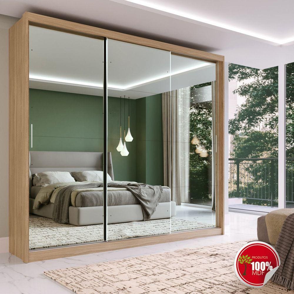 Guarda Roupa Casal 3 Portas com Espelho 4 Gavetas 100% MDF London Yescasa Nogal