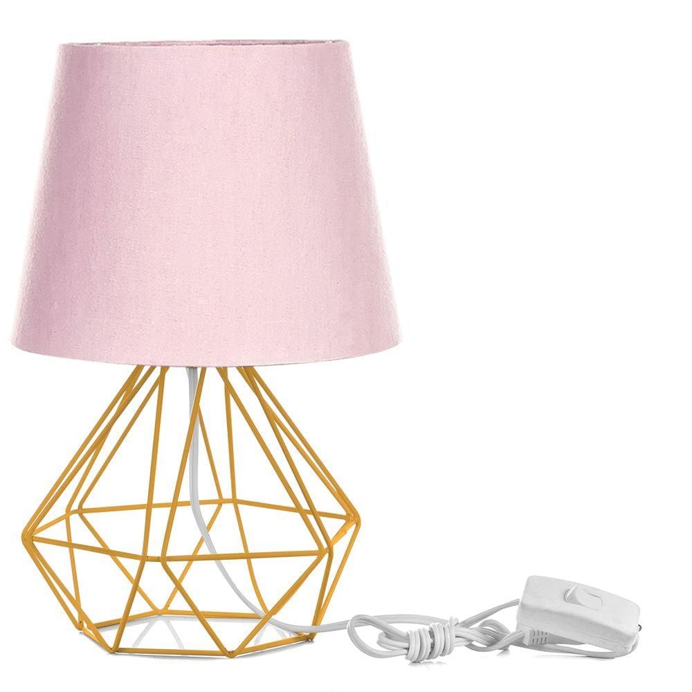 Abajur Diamante Dome Rosa Com Aramado Amarelo