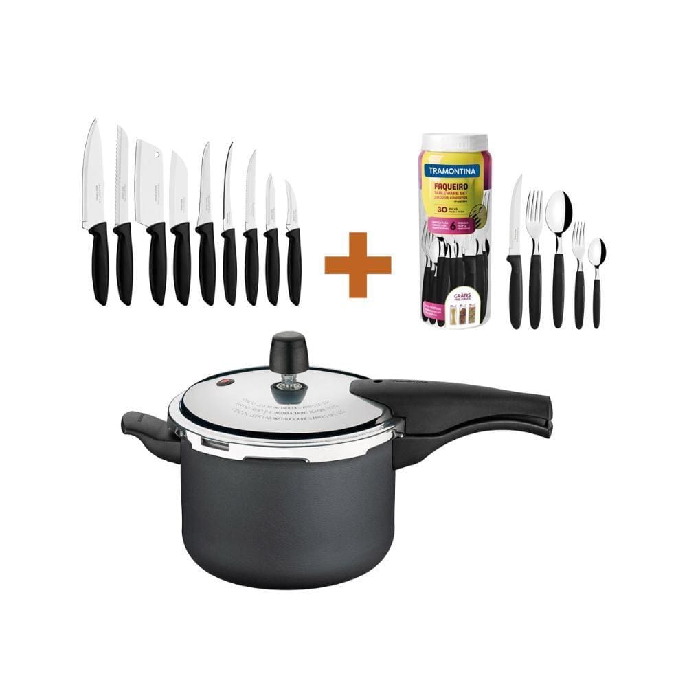 KIT - Panela de Pressão 4,5L Grafite + 1 Faqueiro 30pç + 1 Conjunto Facas 9pç - Tramontina
