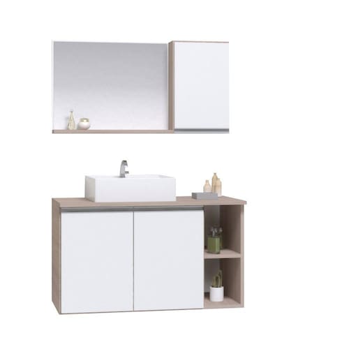 Gabinete Armario Banheiro Virtus 80Cm + Cuba + Espelheira Madeirado/Branco Menor preço em Gabinete Armario Banheiro Virtus 80Cm + Cuba + Espelheira Madeirado/Branco