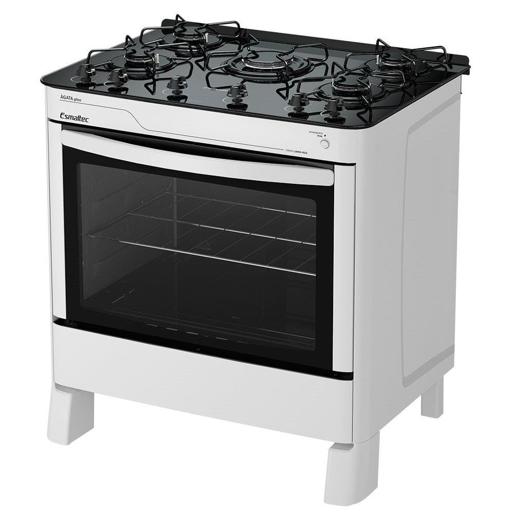 Fogão de Piso Esmaltec 5 Bocas Agata Glass Mesa de Vidro Branco Bivolt