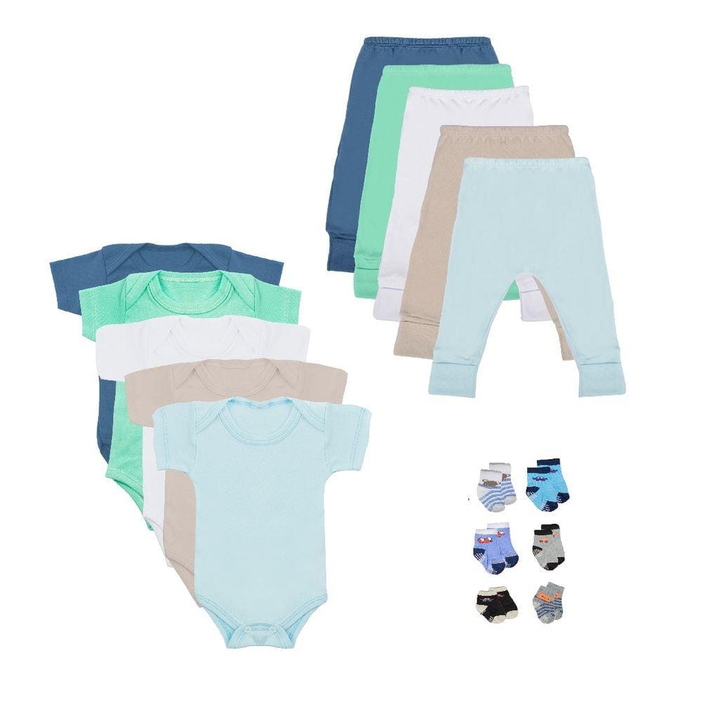Kit 16 Peças Body Bebê Manga Curta Calça Mijão e Meias Masculino
