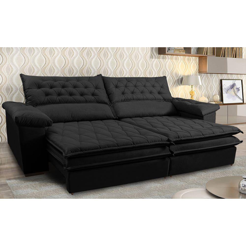 Sofá Retrátil e Reclinável Molas Ensacadas Cama inBox Botonê 2,52m Espuma Viscoelástico Suede Preto