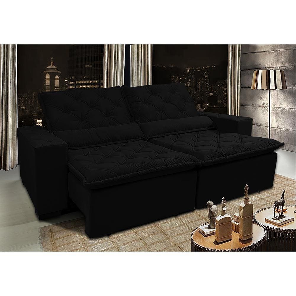 Sofá Lisboa 3,12m Retrátil, Reclinável, Molas no Assento Tecido Suede Velusoft Preto Cama InBox