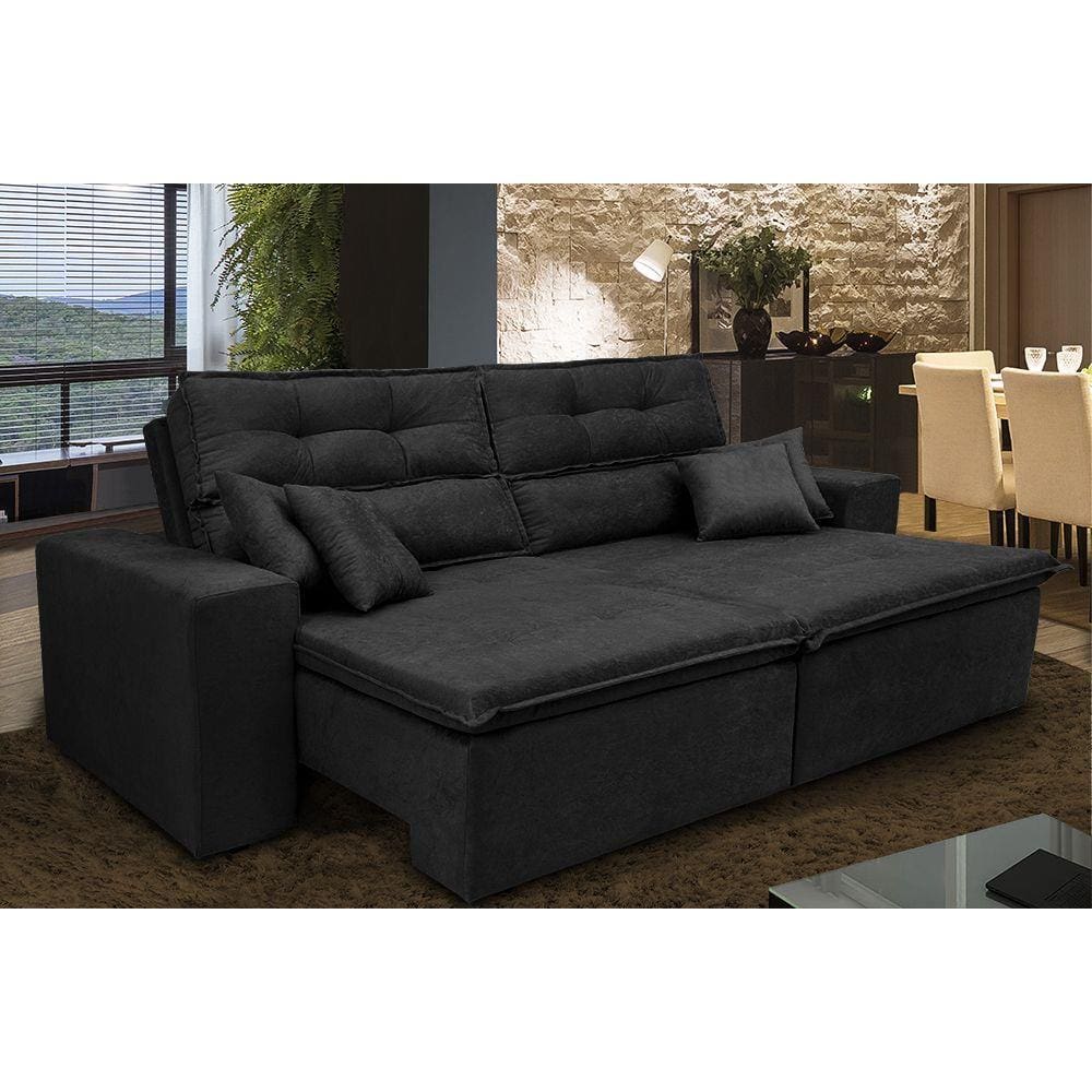 Sofá Cairo 2,32m Retrátil, Reclinável Tecido Suede Preto