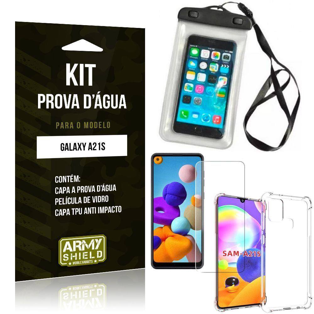 Capinha Prova D`água Galaxy A21s + Capinha Anti Impacto + Película -  Armyshield | Extra
