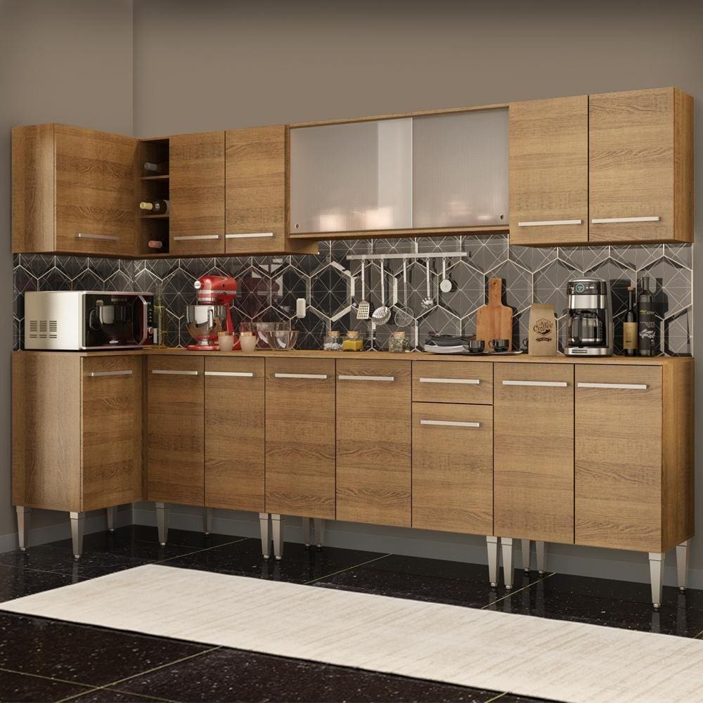 Cozinha Completa de Canto Madesa Emilly Jazz com Armário Vidro Miniboreal e Balcão
