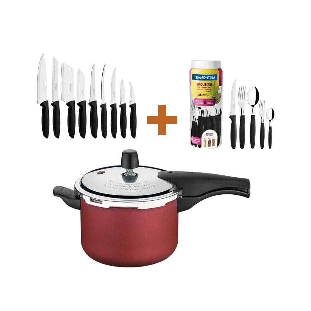 KIT - Panela de Pressão 4,5L Vermelha + 1 Faqueiro 30pç + 1 Conjunto Facas 9pç - Tramontina
