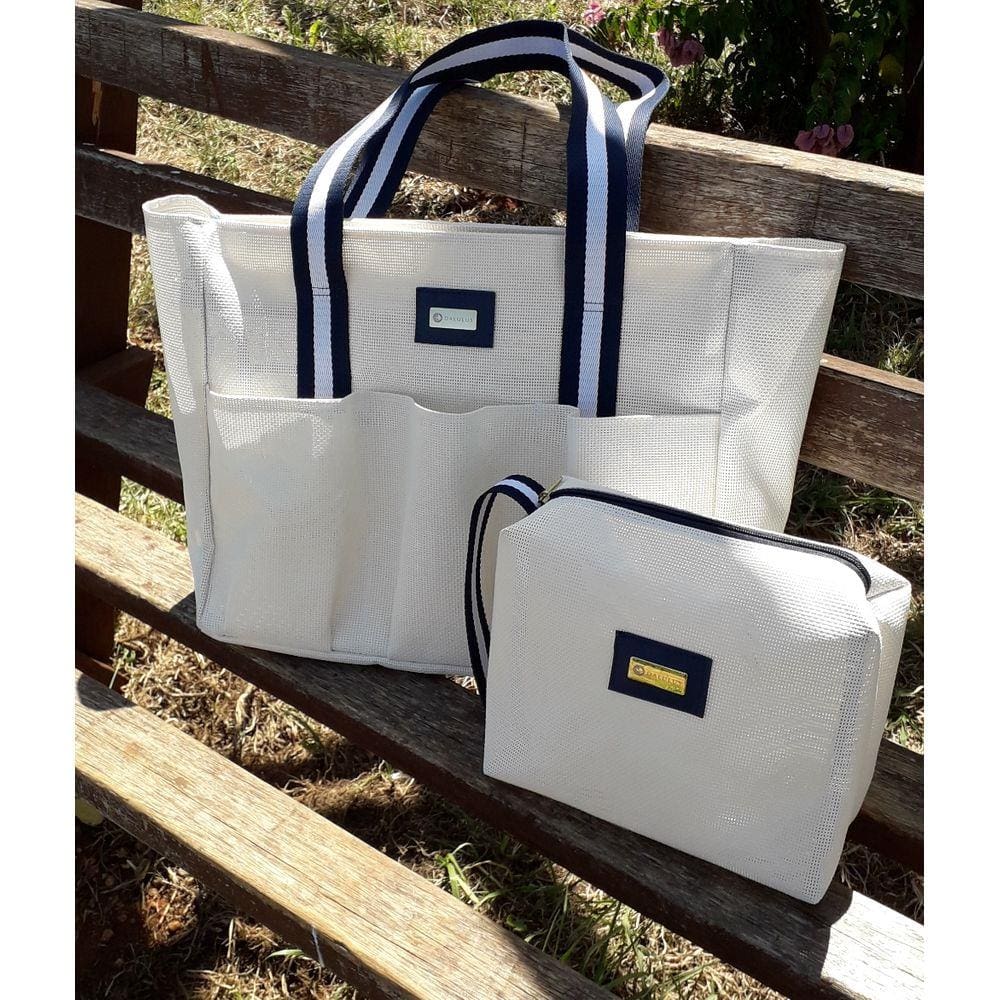Kit Bolsa De Praia Em Tela Com Alças Listradas Dalulus - Branca