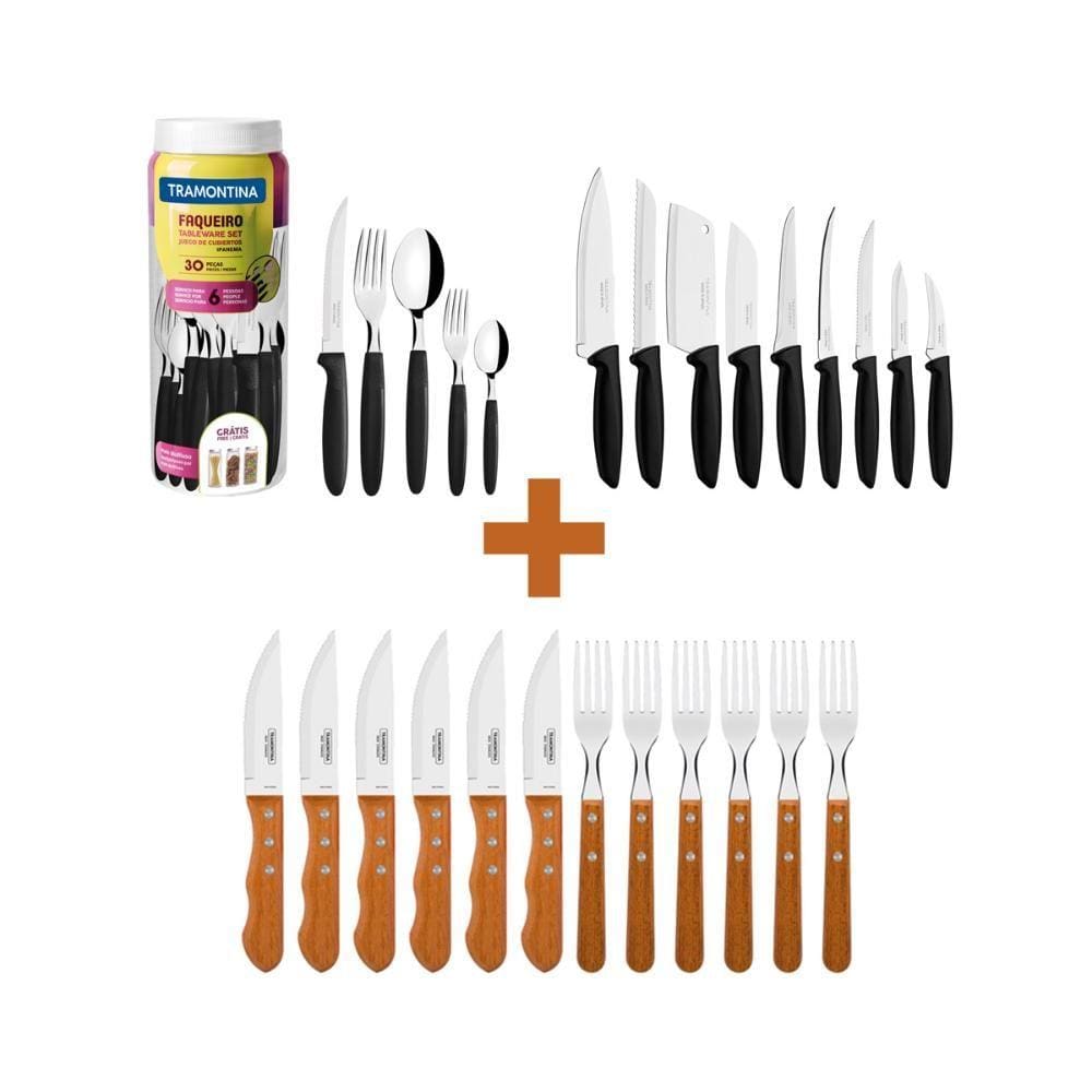 KIT - Jogo De Churrasco Inox 12 Peças + 1 Faqueiro 30pç + 1 Conjunto Facas 9pç - Tramontina