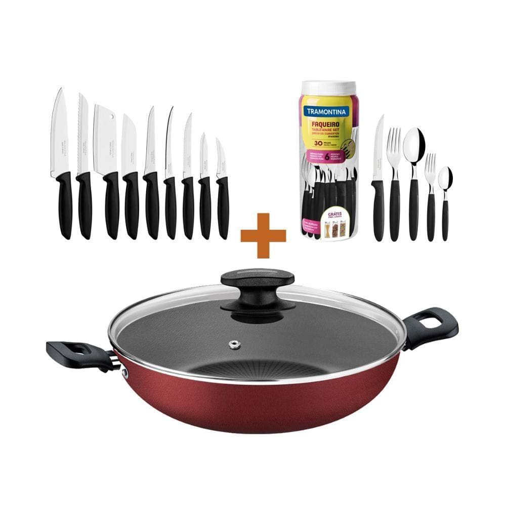 KIT - Panela Wok Alumínio 28Cm + 1 Faqueiro 30pç + 1 Conjunto Facas 9pç - Tramontina