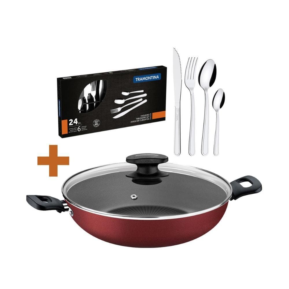 KIT - Panela Wok Alumínio 28Cm Loreto Vermelho + 1 Faqueiro Inox 24pç - Tramontina