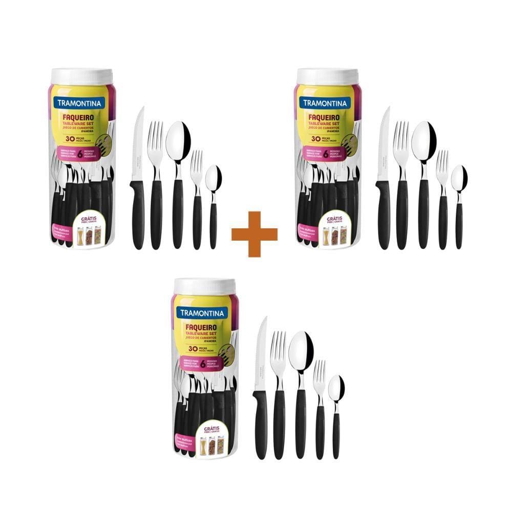 KIT - 3 Faqueiros Inox 30 Peças Ipanema Preto - Tramontina