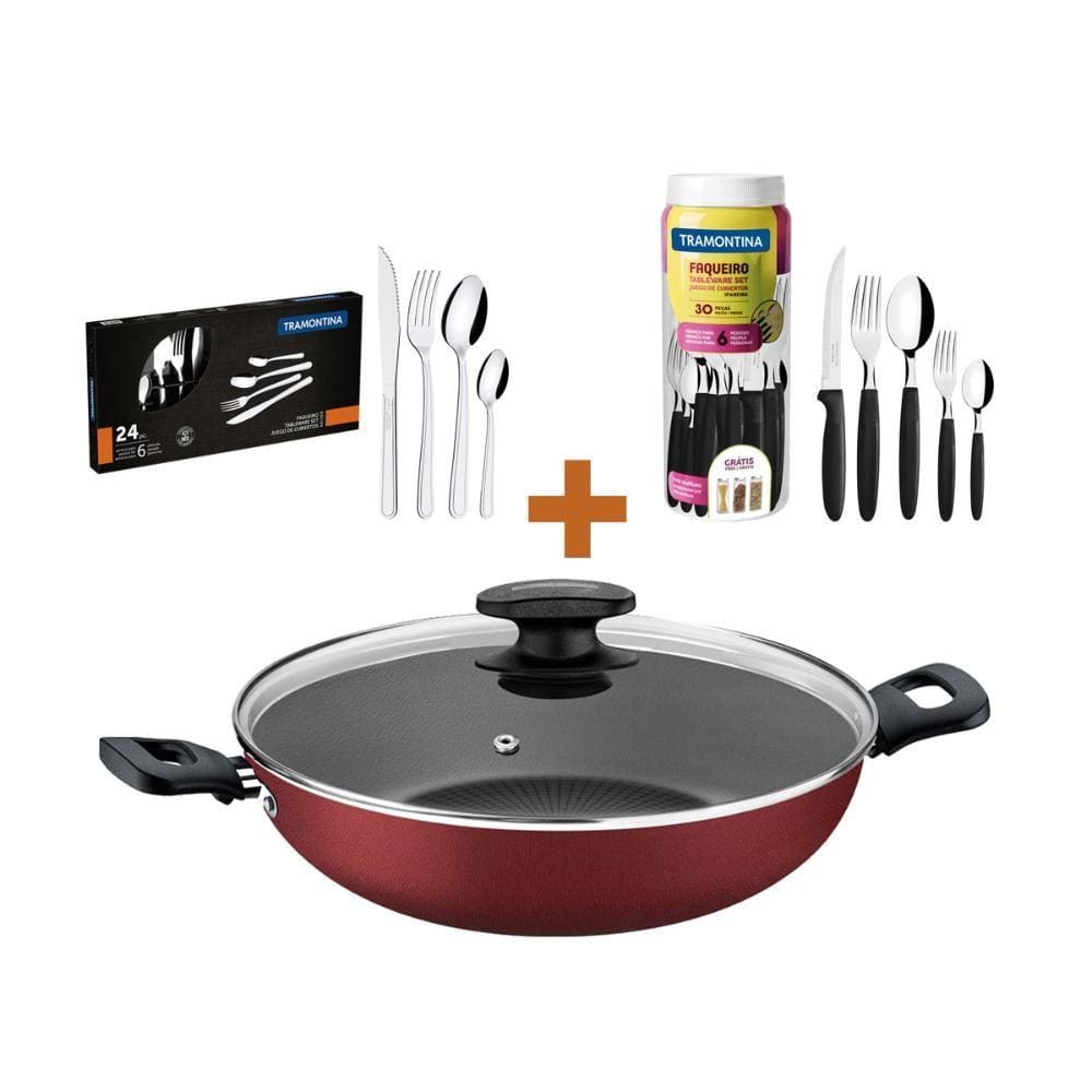 KIT - Panela Wok Alumínio 28Cm + 1 Faqueiro 30pç + 1 Faqueiro Inox 24pç - Tramontina