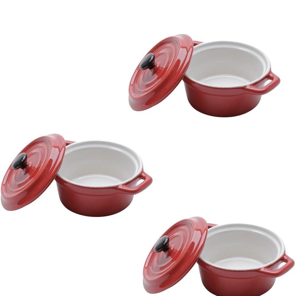 Conjunto de 3 mini panelas redondas porcelana Vermelha 12,7cm