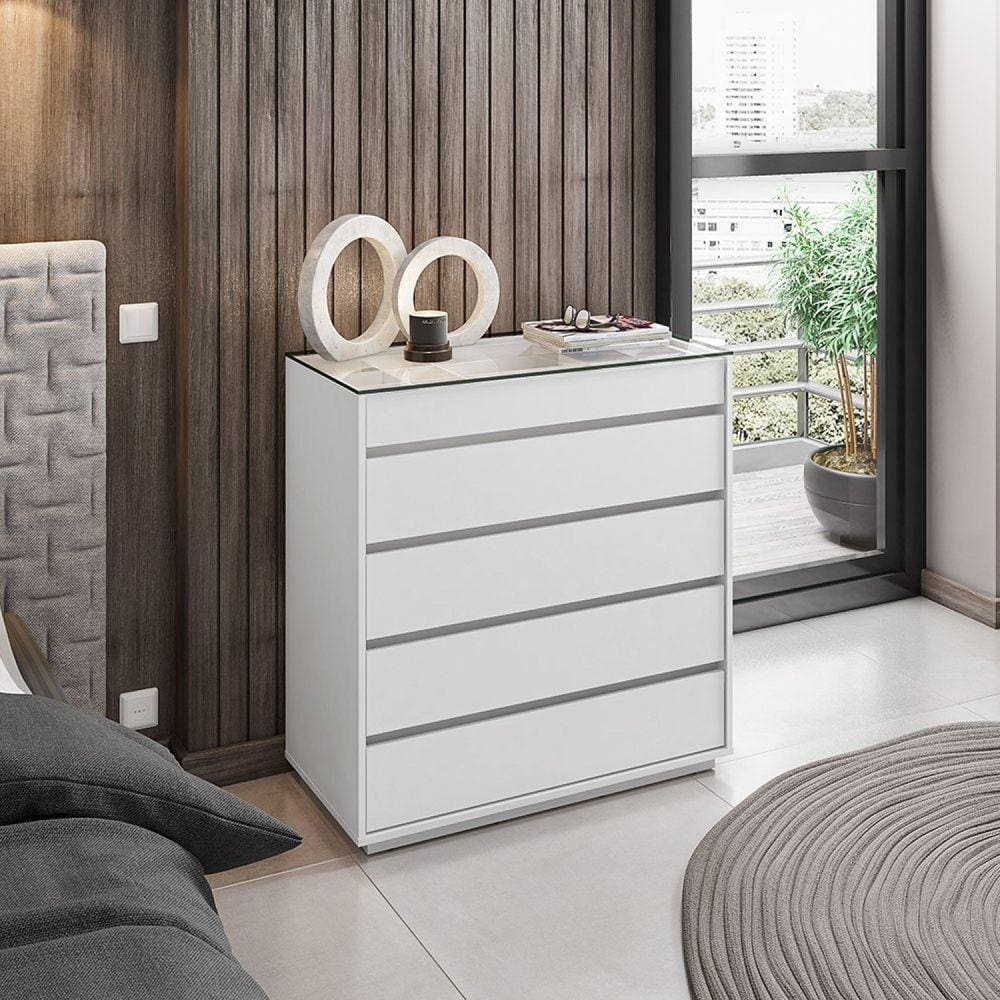 Cômoda 5 Gavetas com Organizador Tampo Vidro Belize Casa D Branco