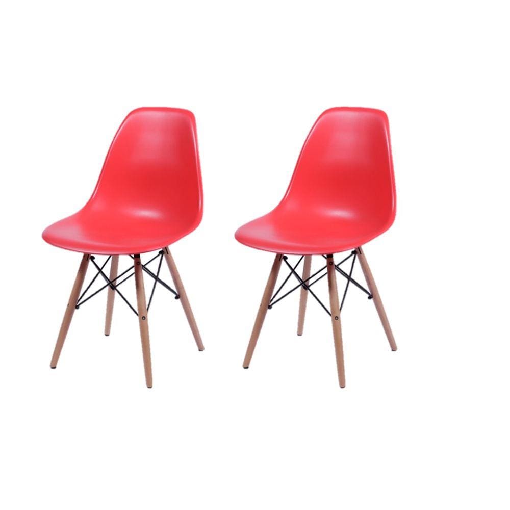 2 Cadeira Eames Eiffel Polipropileno Vermelho Pés Madeira Decoradeira